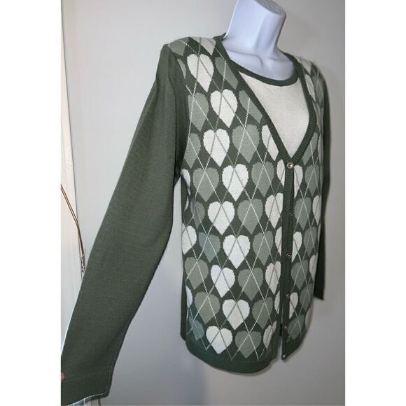 Women’s 2in1 Green Hearts Argyle Pattern Sweater SMALL - Picture 2 of 7
